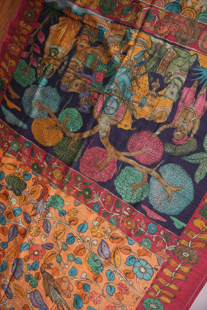 Tussar Saree with Kalamkari Body & Patola-Inspired Pallu – Rust Orange & Deep Purple