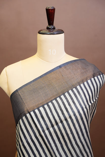 Geometric Patterned Pure Tussar Silk Saree-Monochrome|Silk Mark Certified