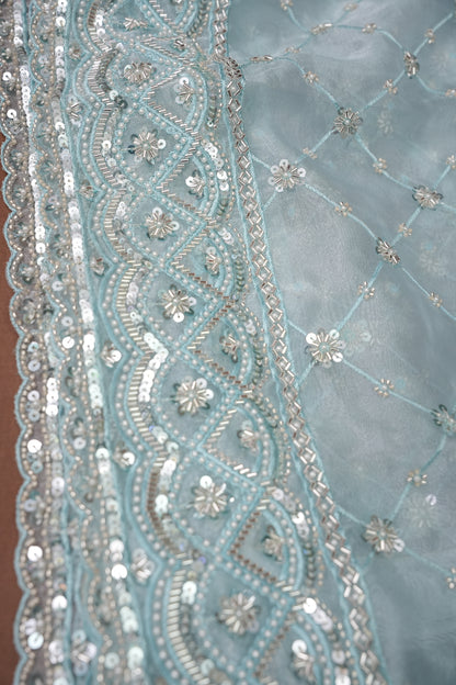 Party Wear Organza Saree with Silver Sequin Lattice - Pastel Blue