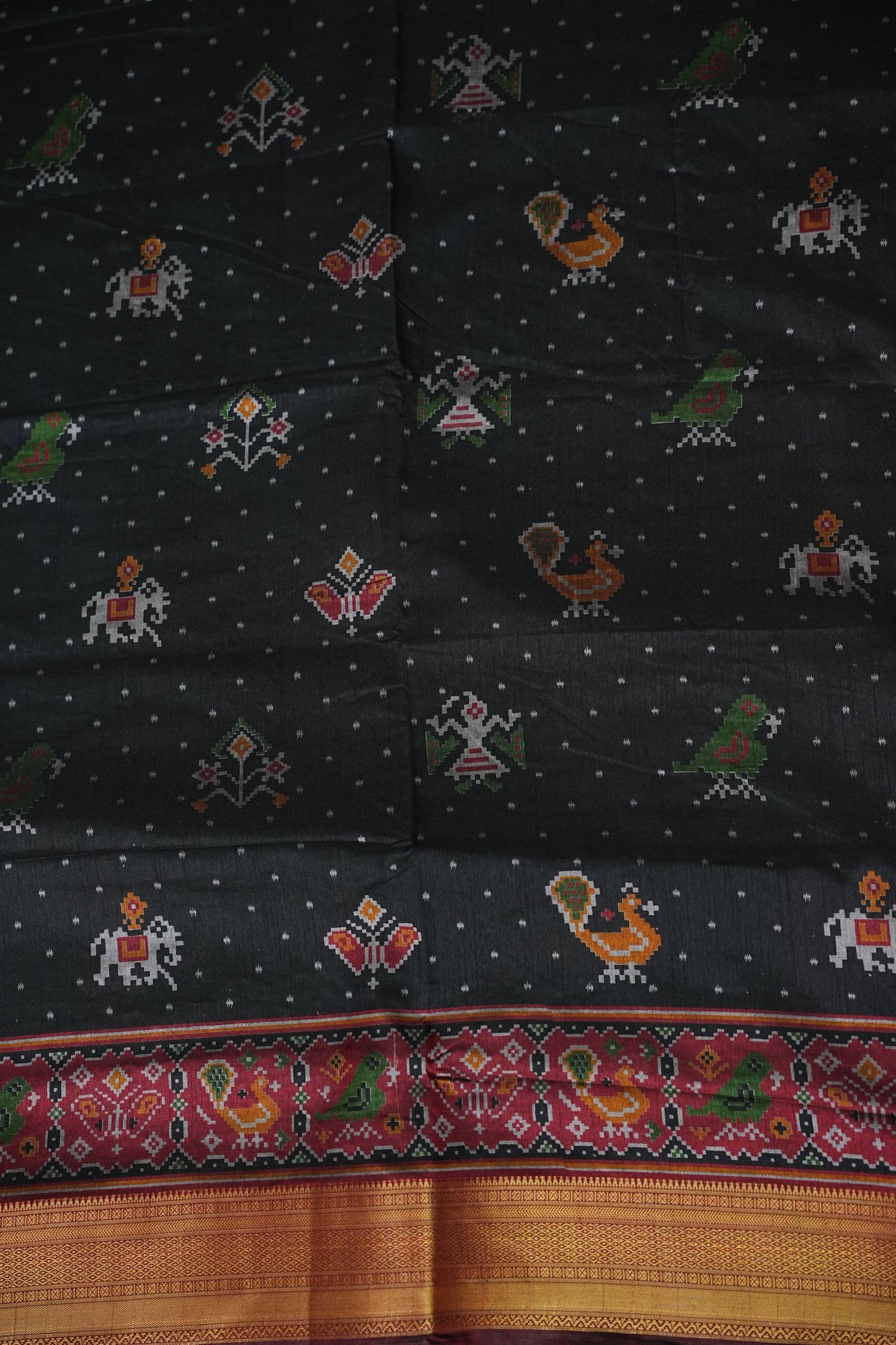 Charcoal Grey Semi Silk Saree with Traditional Ikat-Inspired Motifs & Rich Patola-Style Pallu