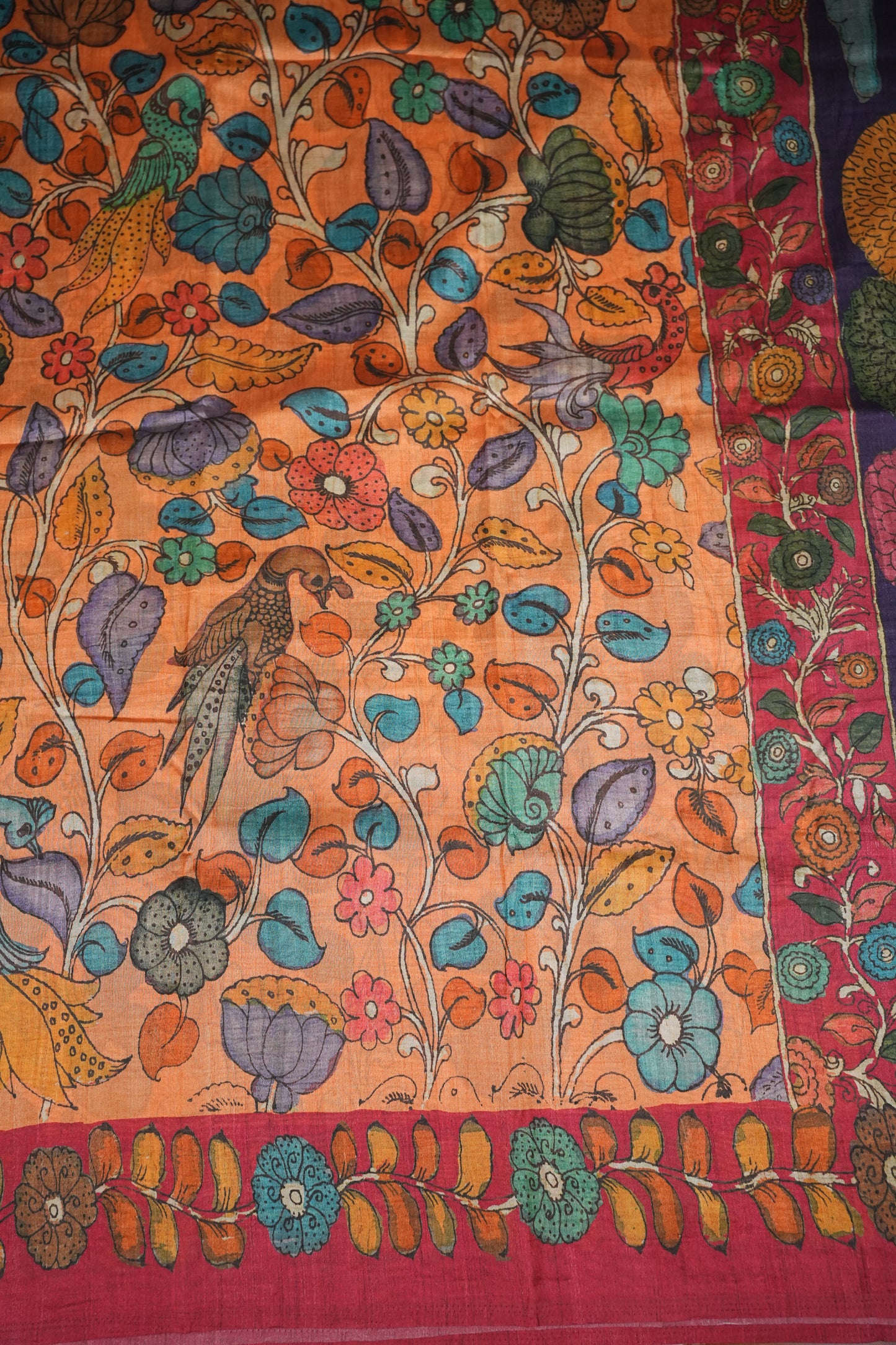 Tussar Saree with Kalamkari Body & Patola-Inspired Pallu – Rust Orange & Deep Purple