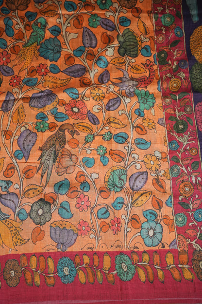 Tussar Saree with Kalamkari Body & Patola-Inspired Pallu – Rust Orange & Deep Purple