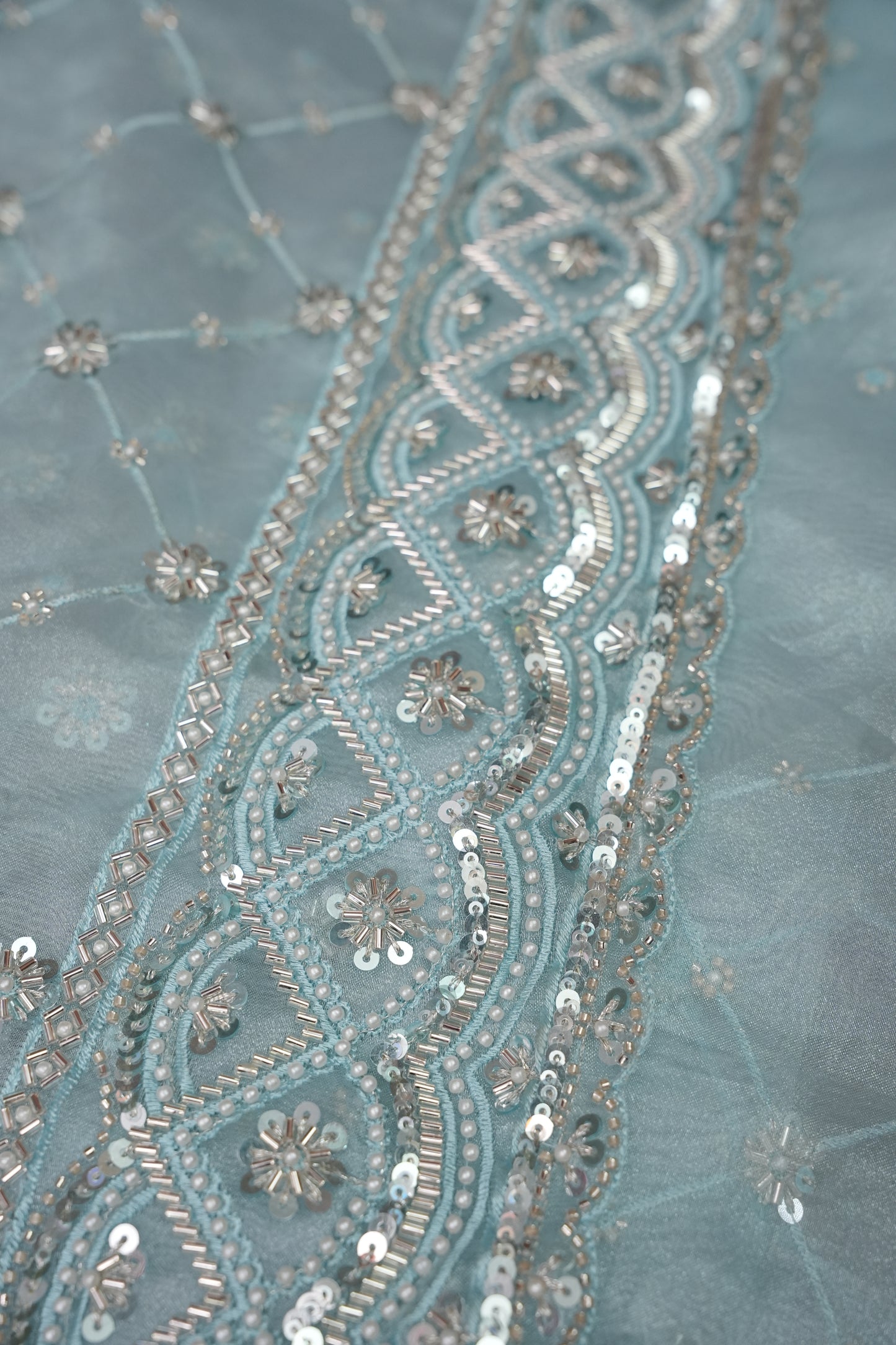 Party Wear Organza Saree with Silver Sequin Lattice - Pastel Blue