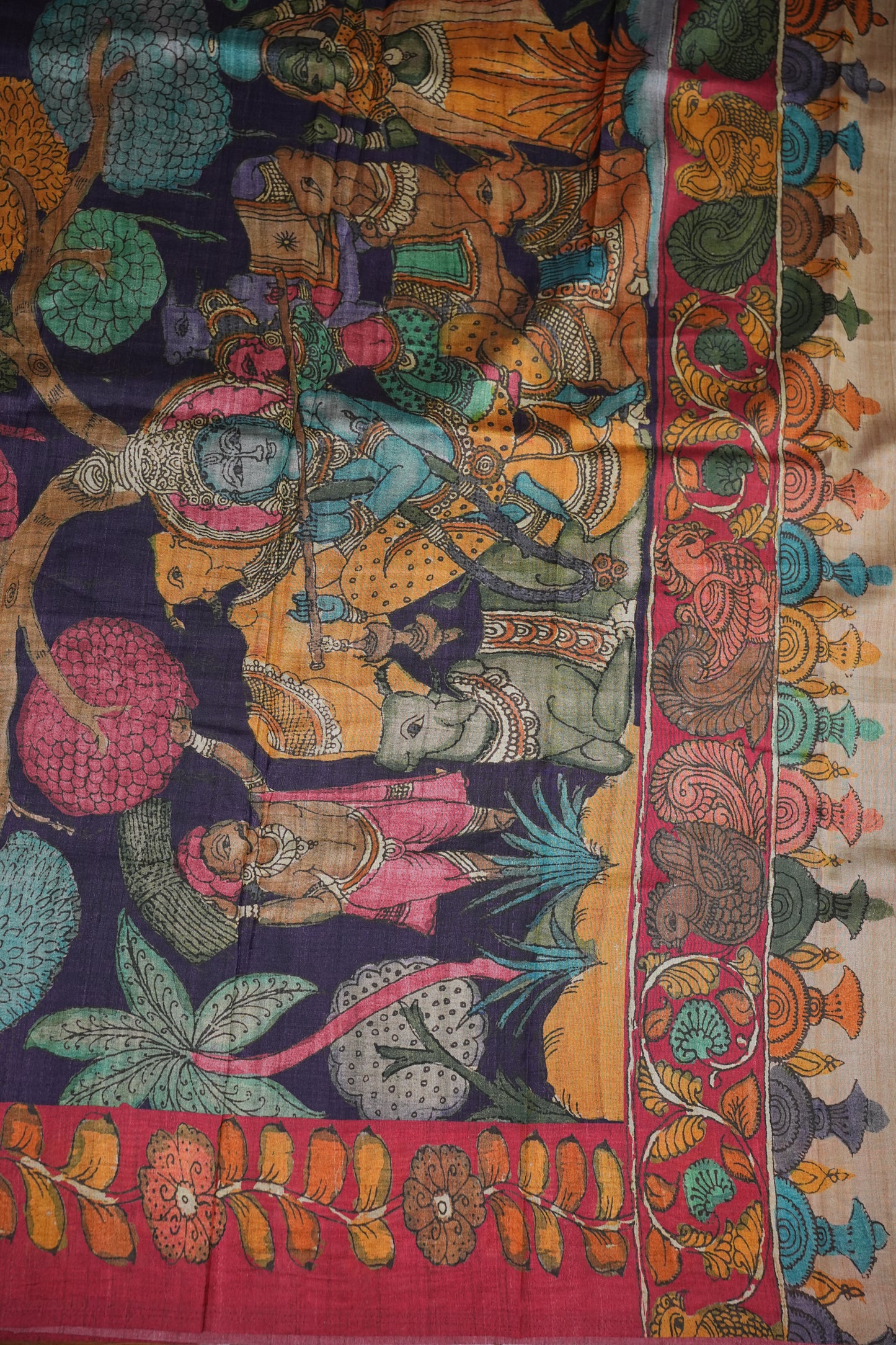 Tussar Saree with Kalamkari Body & Patola-Inspired Pallu – Rust Orange & Deep Purple