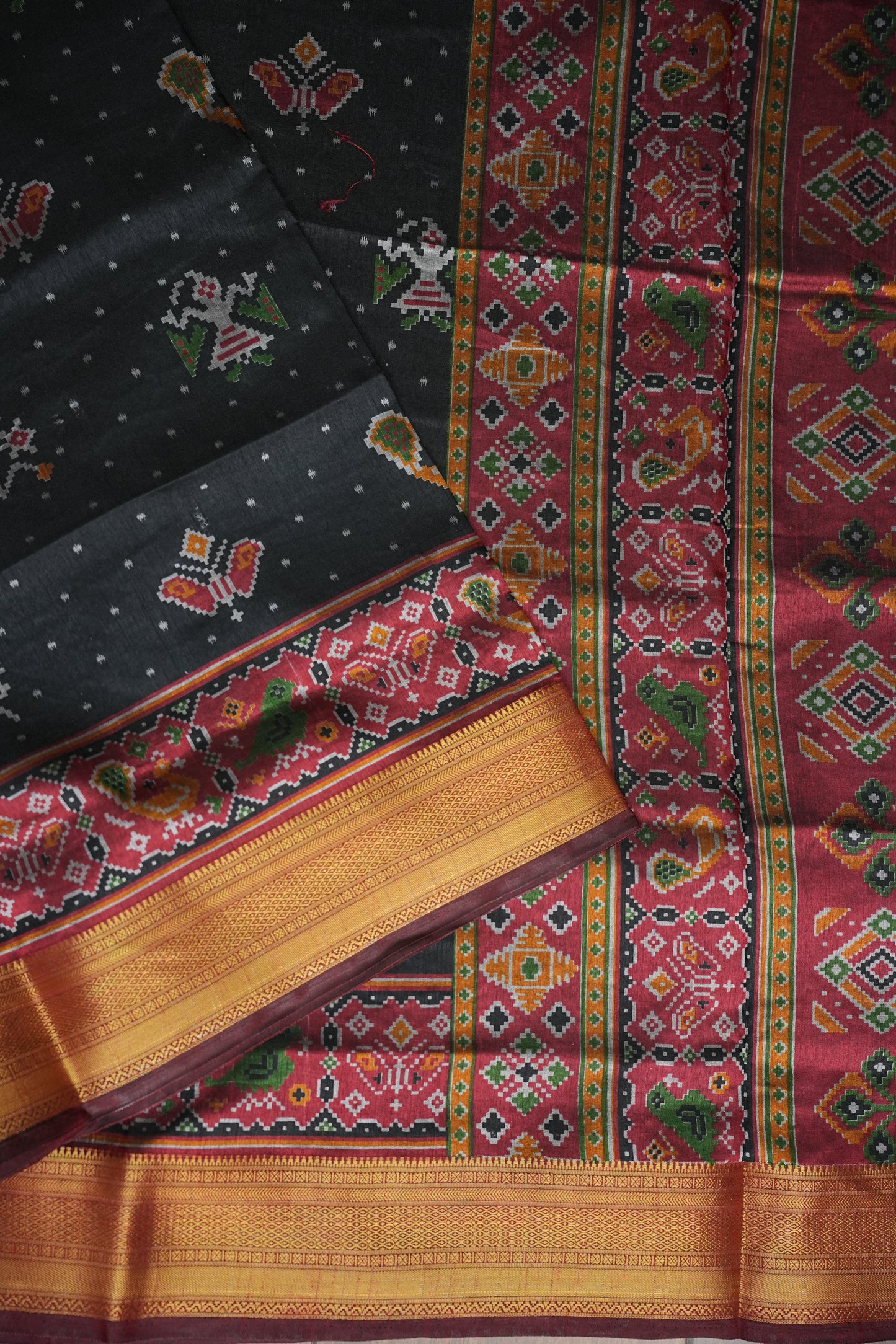 Charcoal Grey Semi Silk Saree with Traditional Ikat-Inspired Motifs & Rich Patola-Style Pallu