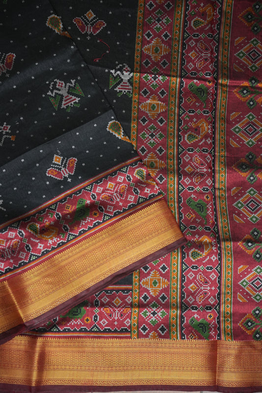 Charcoal Grey Semi Silk Saree with Traditional Ikat-Inspired Motifs & Rich Patola-Style Pallu