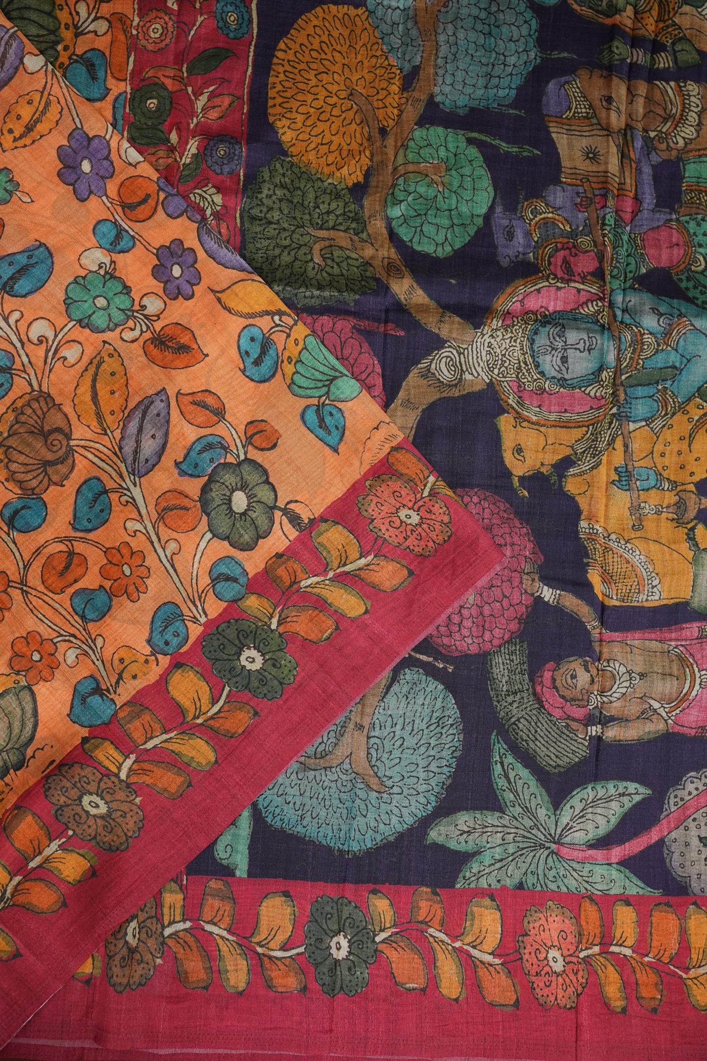Tussar Saree with Kalamkari Body & Patola-Inspired Pallu – Rust Orange & Deep Purple