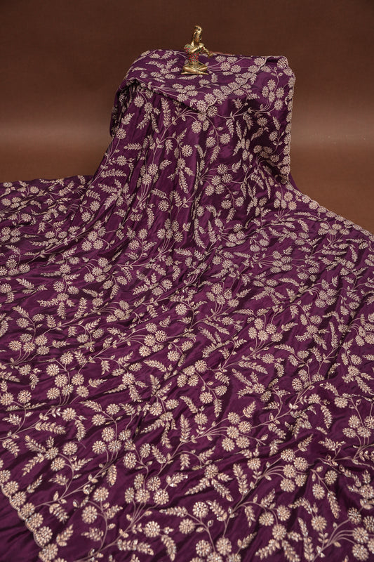 Party Wear Chinon Crepe Silk Saree with Zari Floral Jaal - Rich Plum