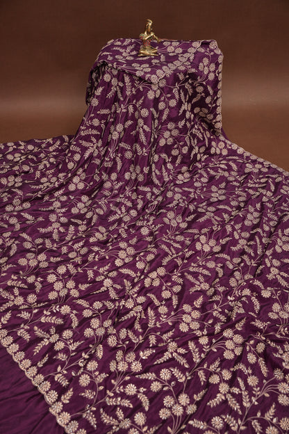 Party Wear Chinon Crepe Silk Saree with Zari Floral Jaal - Rich Plum