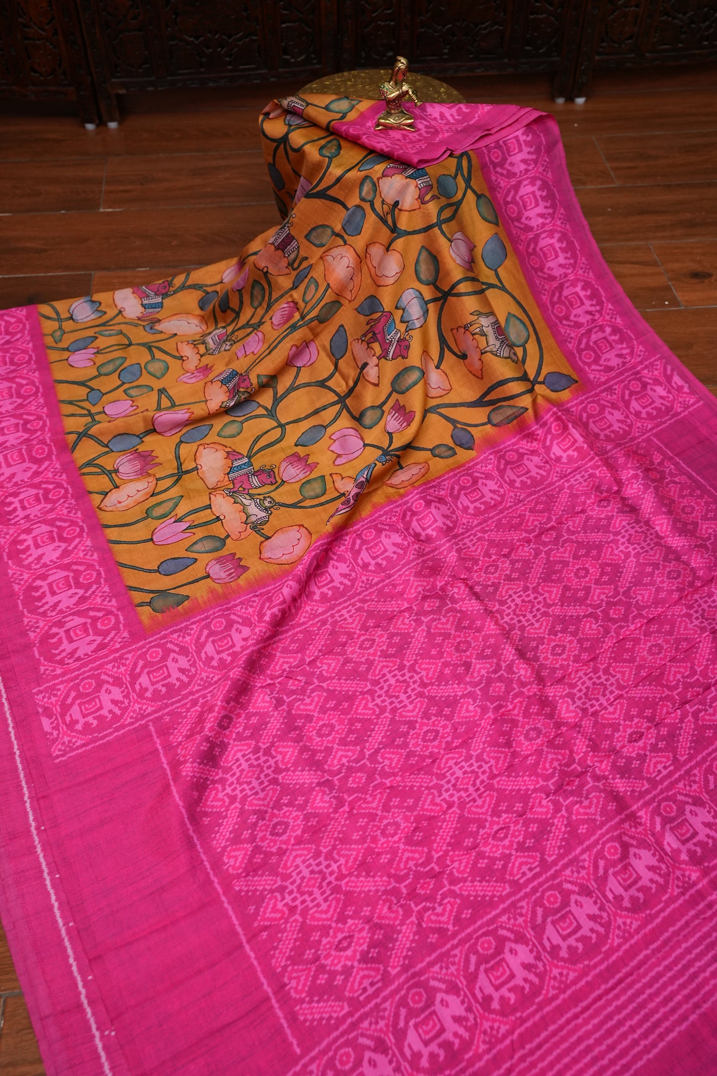 Tussar Saree with Kalamkari Body & Patola Border and Pallu – Mustard & Rani Pink