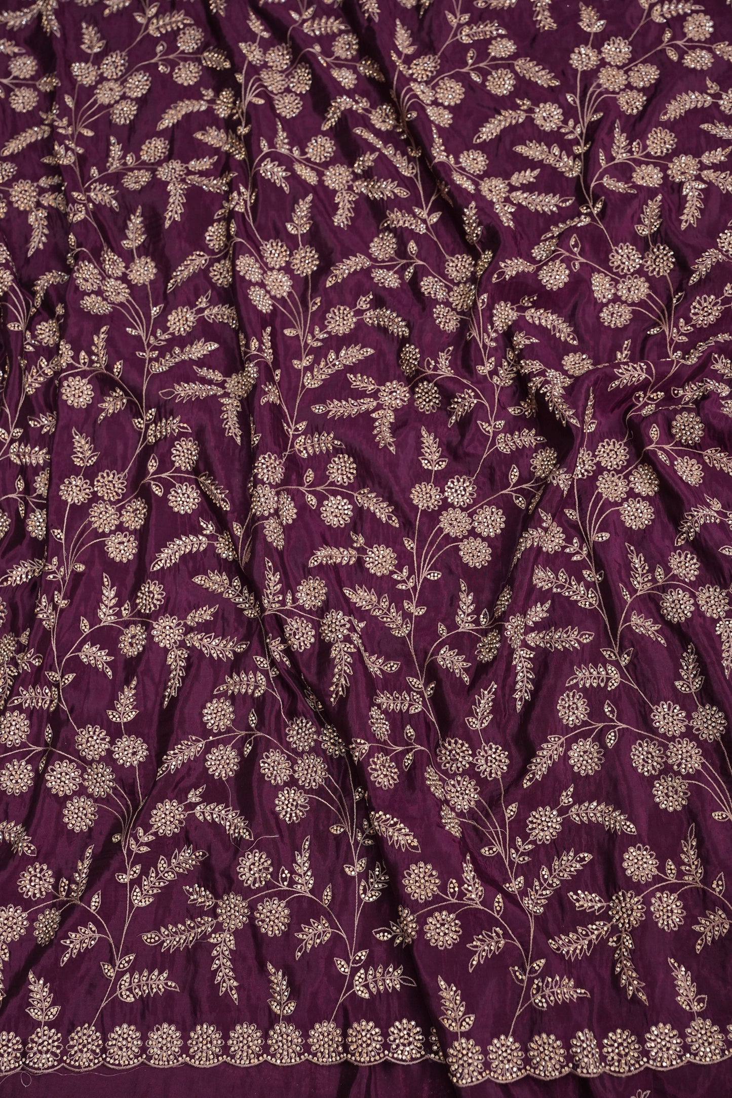 Party Wear Chinon Crepe Silk Saree with Zari Floral Jaal - Rich Plum