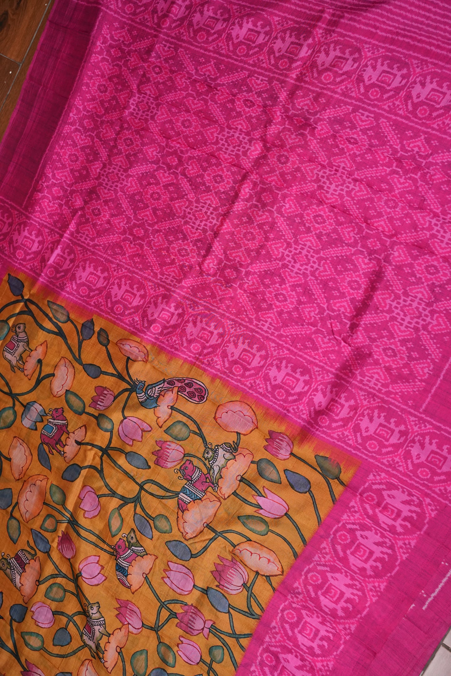 Tussar Saree with Kalamkari Body & Patola Border and Pallu – Mustard & Rani Pink