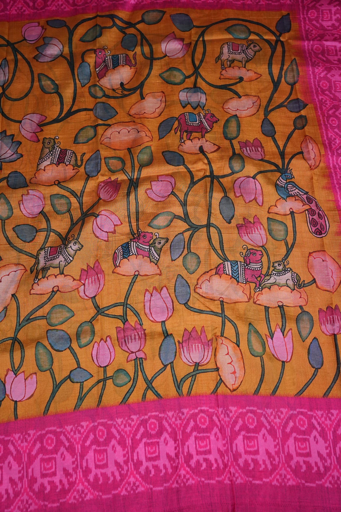 Tussar Saree with Kalamkari Body & Patola Border and Pallu – Mustard & Rani Pink