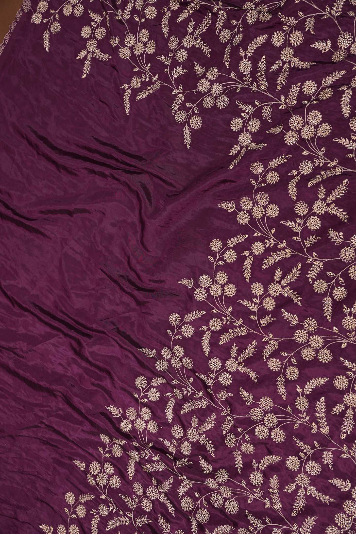Party Wear Chinon Crepe Silk Saree with Zari Floral Jaal - Rich Plum