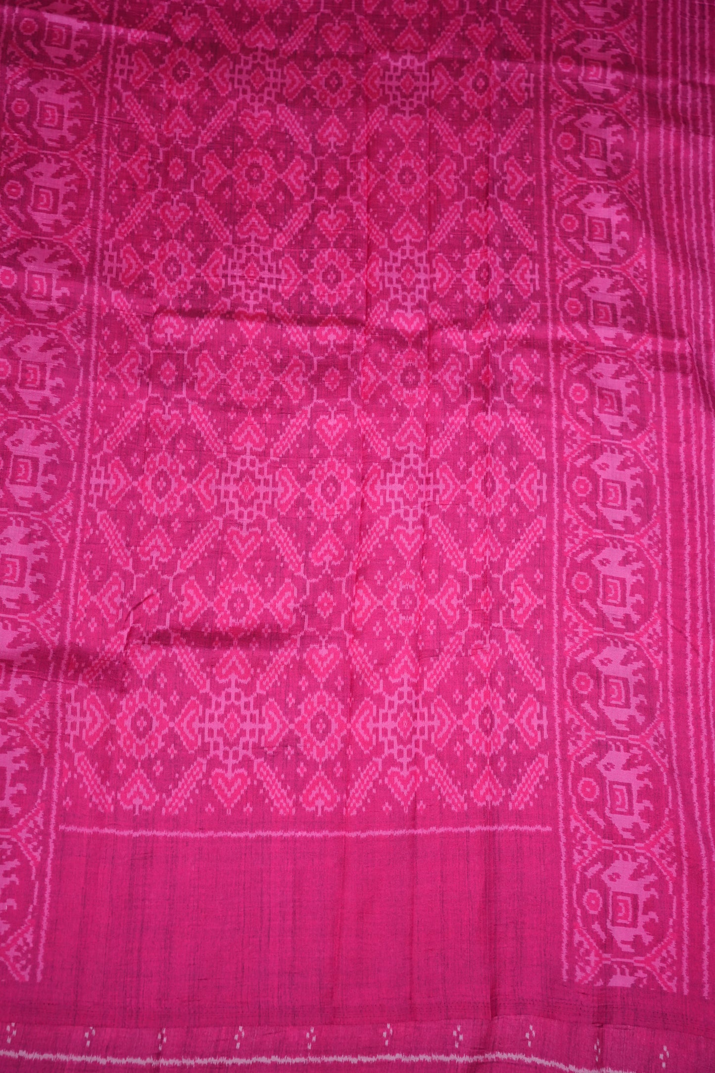 Tussar Saree with Kalamkari Body & Patola Border and Pallu – Mustard & Rani Pink