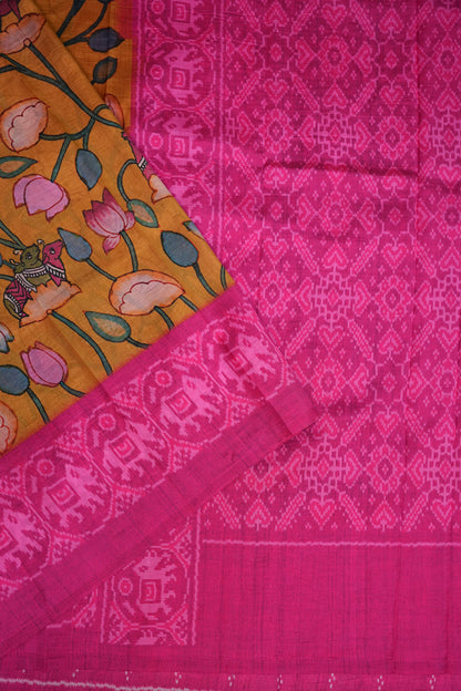 Tussar Saree with Kalamkari Body & Patola Border and Pallu – Mustard & Rani Pink