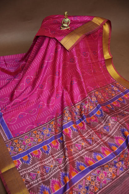 Magenta Pink Semi Silk Saree with Elegant Ikat-Inspired Weaves & Designer Pallu