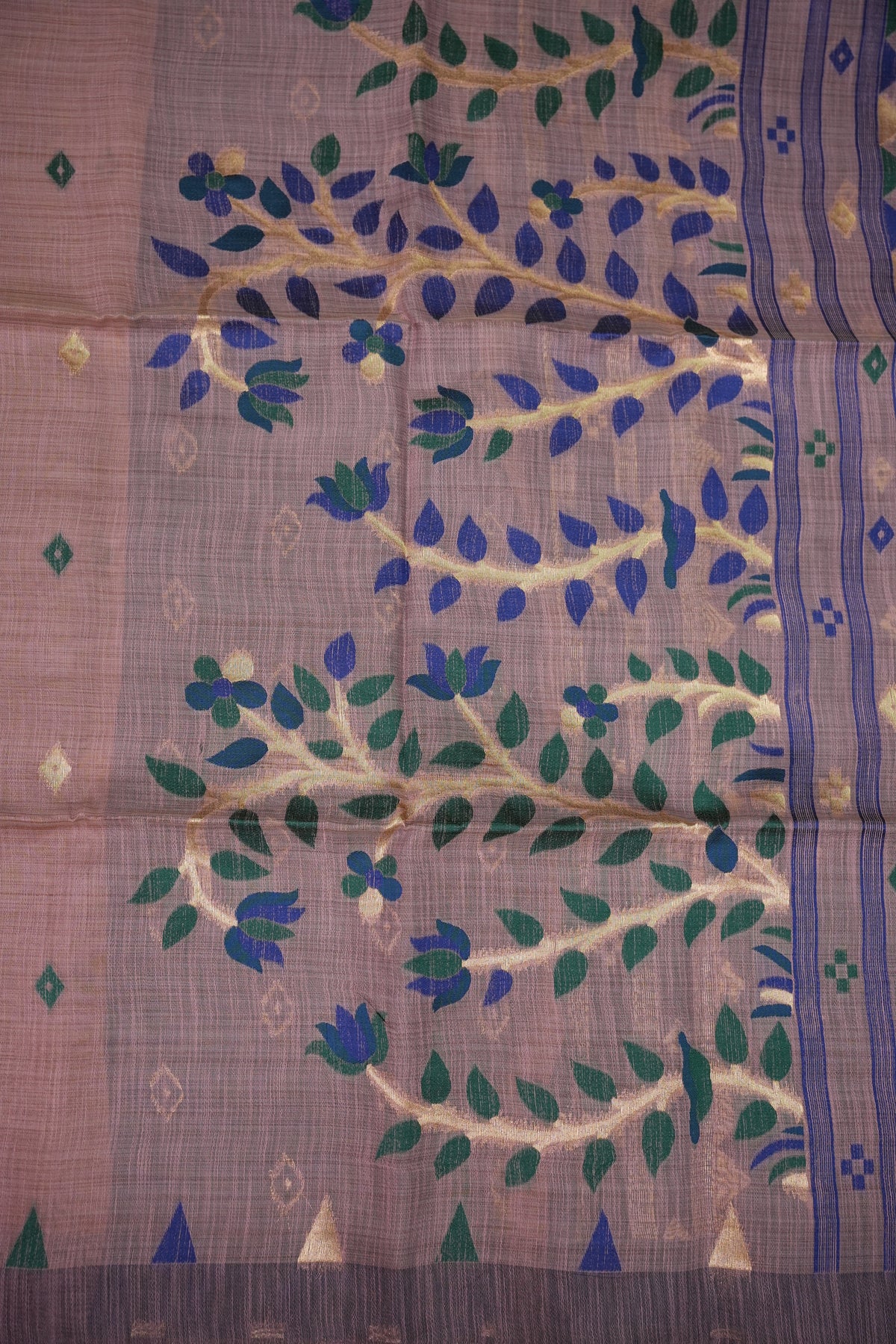 Khaddi Cotton Saree with Jamdani Pallu – Dusty Mauve & Royal Blue