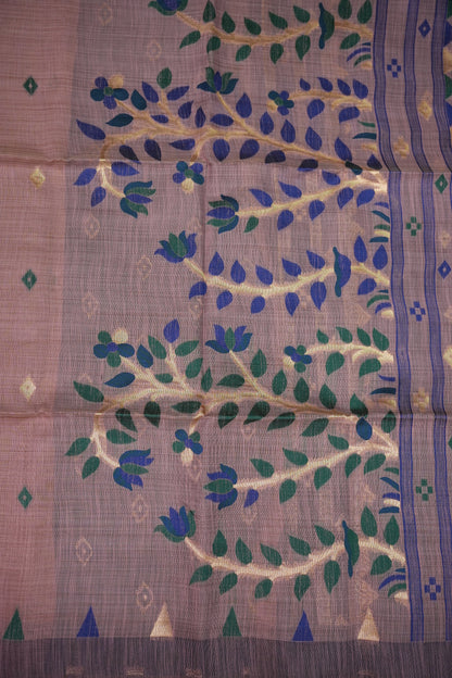Khaddi Cotton Saree with Jamdani Pallu – Dusty Mauve & Royal Blue