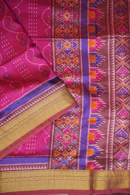 Magenta Pink Semi Silk Saree with Elegant Ikat-Inspired Weaves & Designer Pallu