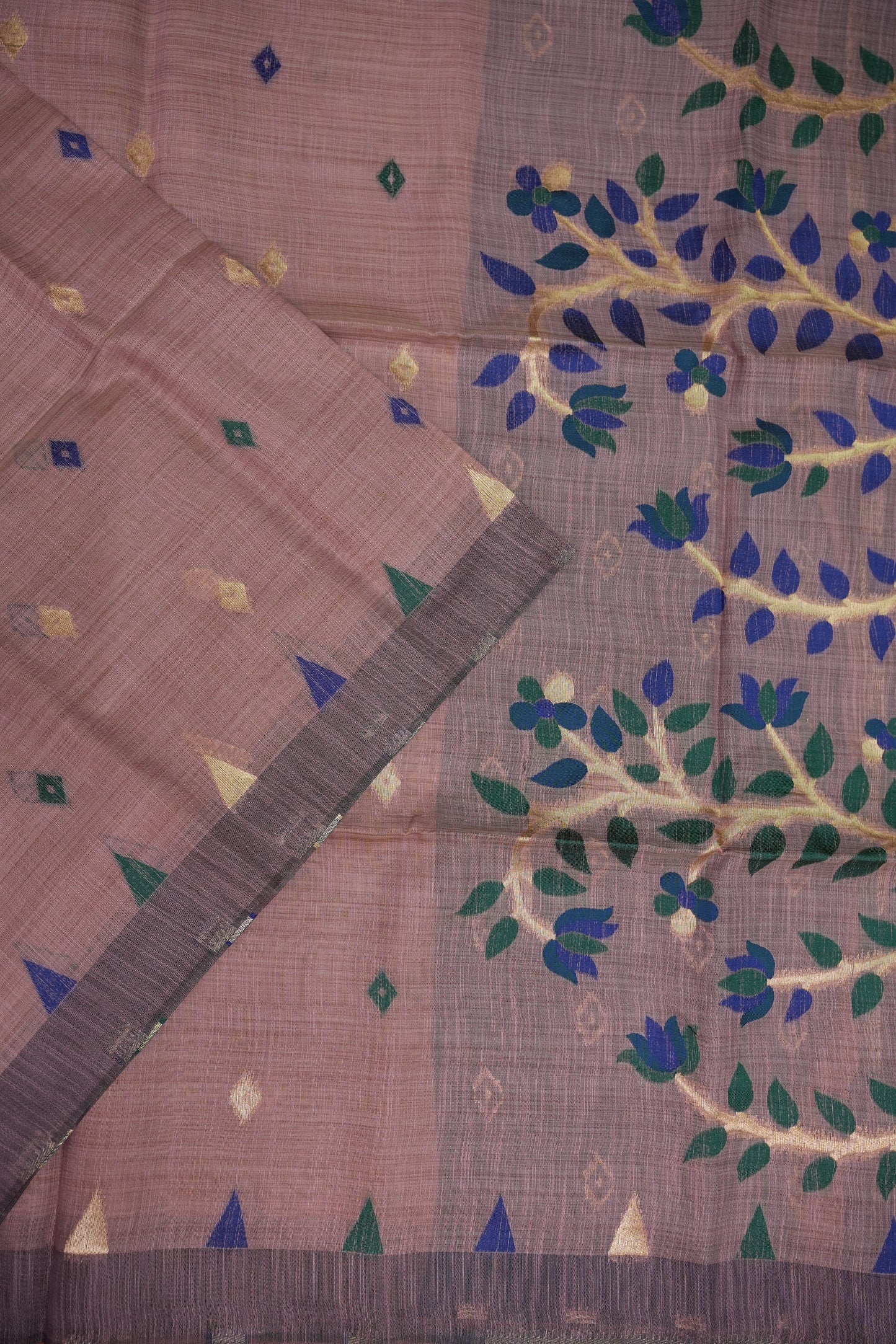 Khaddi Cotton Saree with Jamdani Pallu – Dusty Mauve & Royal Blue