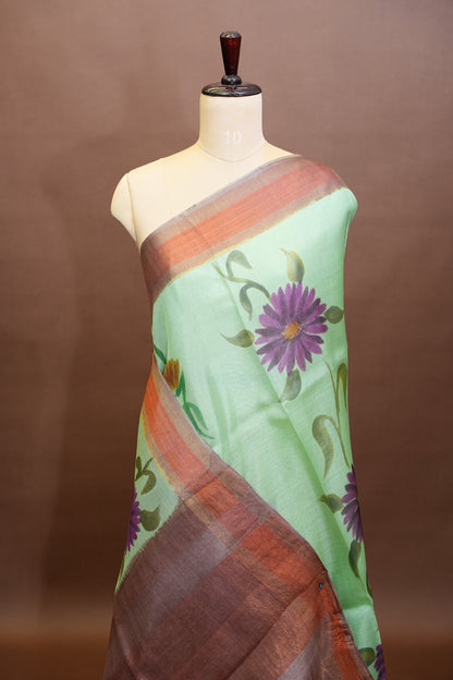 Floral Printed Pure Tussar Silk Saree-Pistachio|Silk Mark Certified