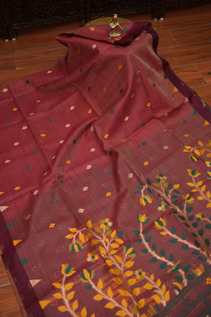 Khaddi Cotton Saree with Jamdani Pallu – Rust Maroon & Bottle Green
