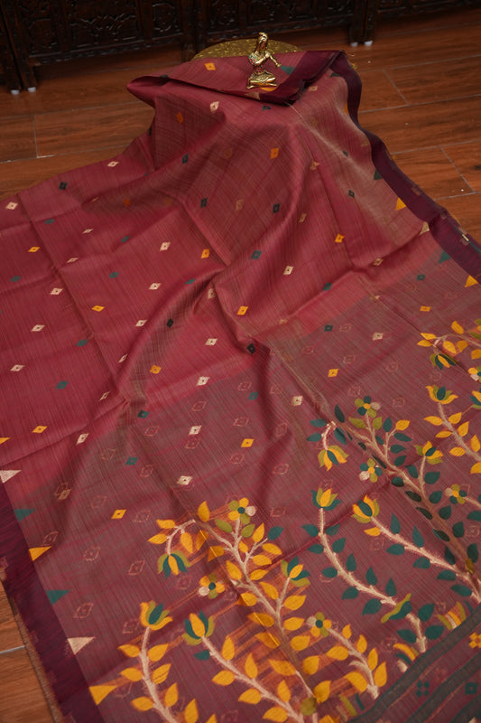Khaddi Cotton Saree with Jamdani Pallu – Rust Maroon & Bottle Green