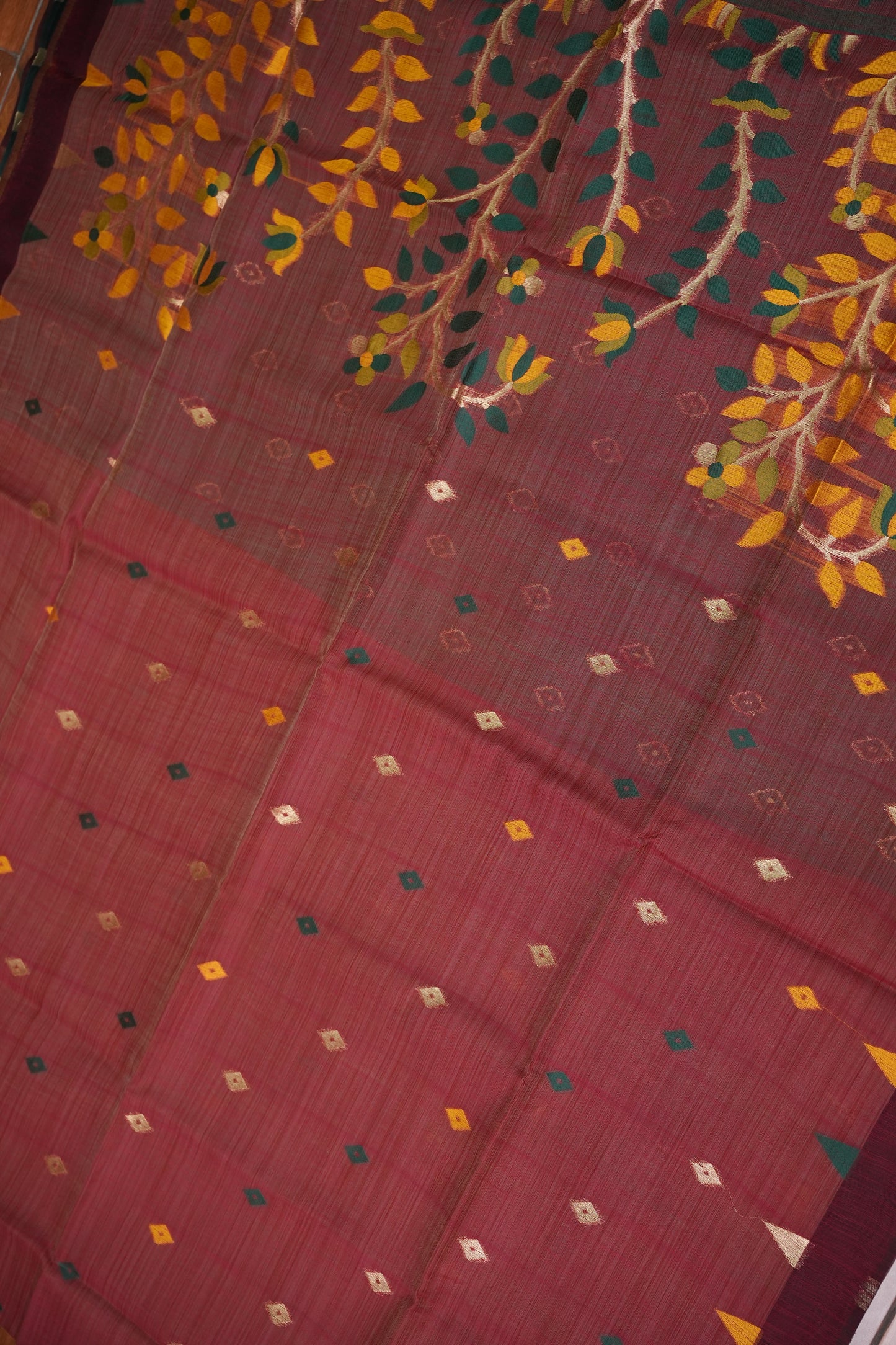 Khaddi Cotton Saree with Jamdani Pallu – Rust Maroon & Bottle Green
