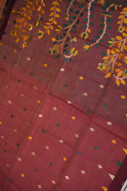 Khaddi Cotton Saree with Jamdani Pallu – Rust Maroon & Bottle Green