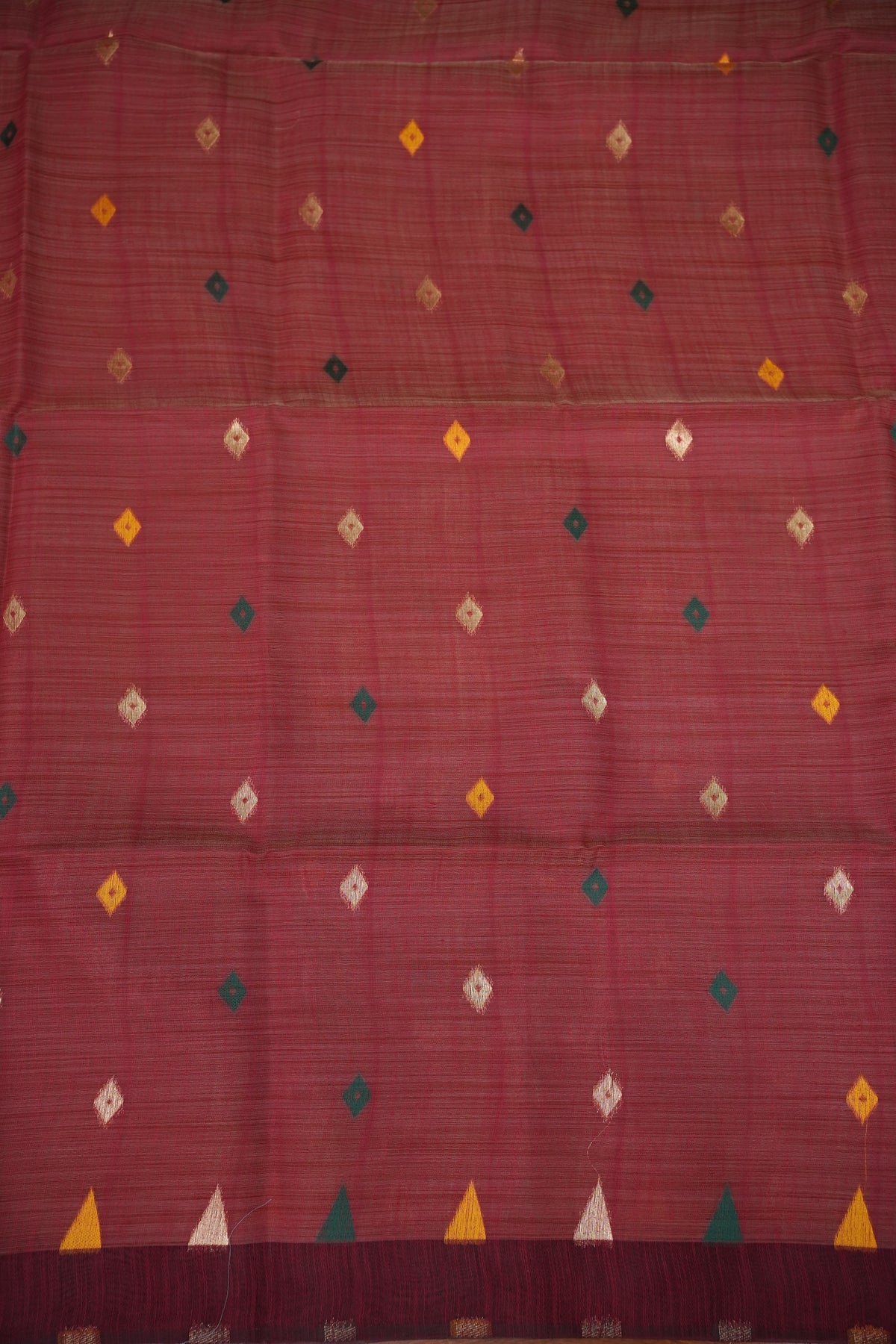 Khaddi Cotton Saree with Jamdani Pallu – Rust Maroon & Bottle Green