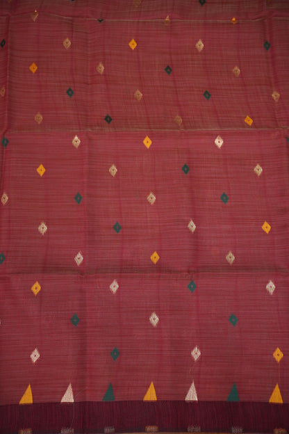 Khaddi Cotton Saree with Jamdani Pallu – Rust Maroon & Bottle Green