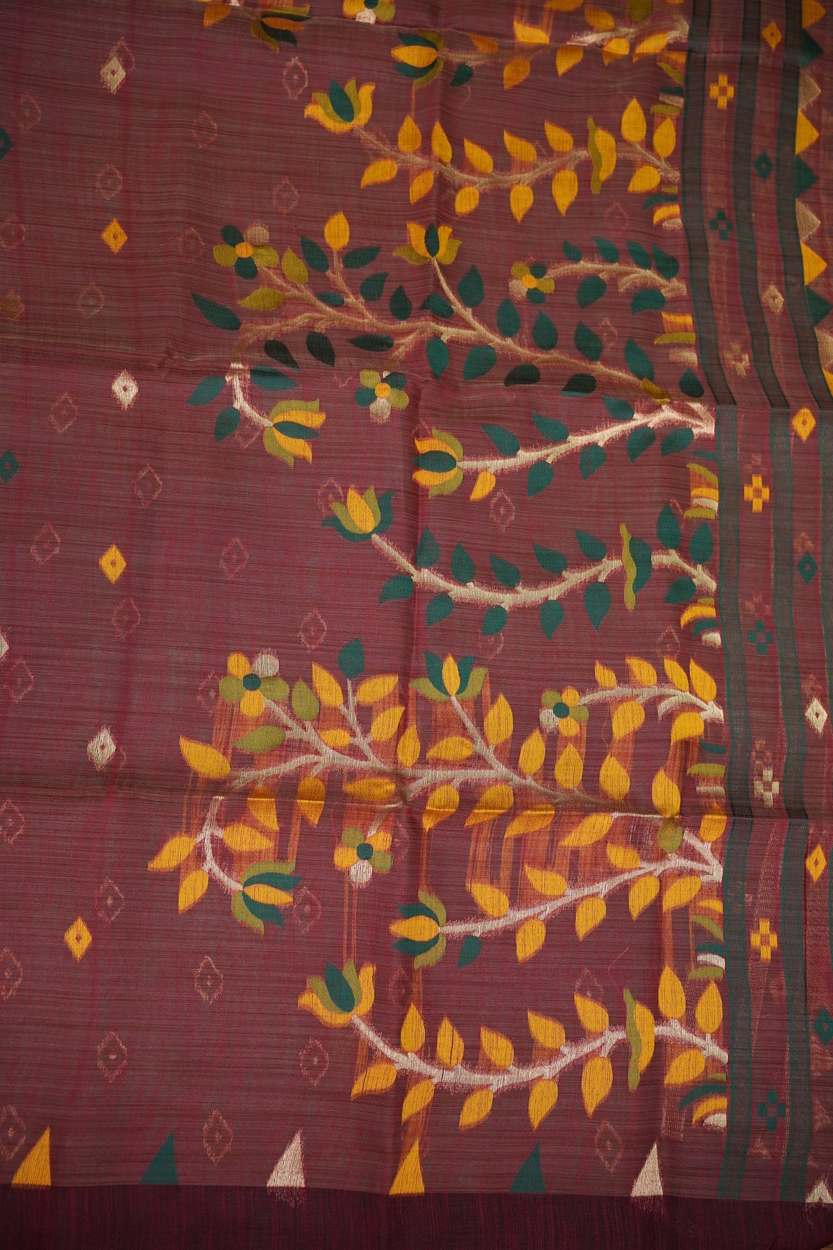 Khaddi Cotton Saree with Jamdani Pallu – Rust Maroon & Bottle Green