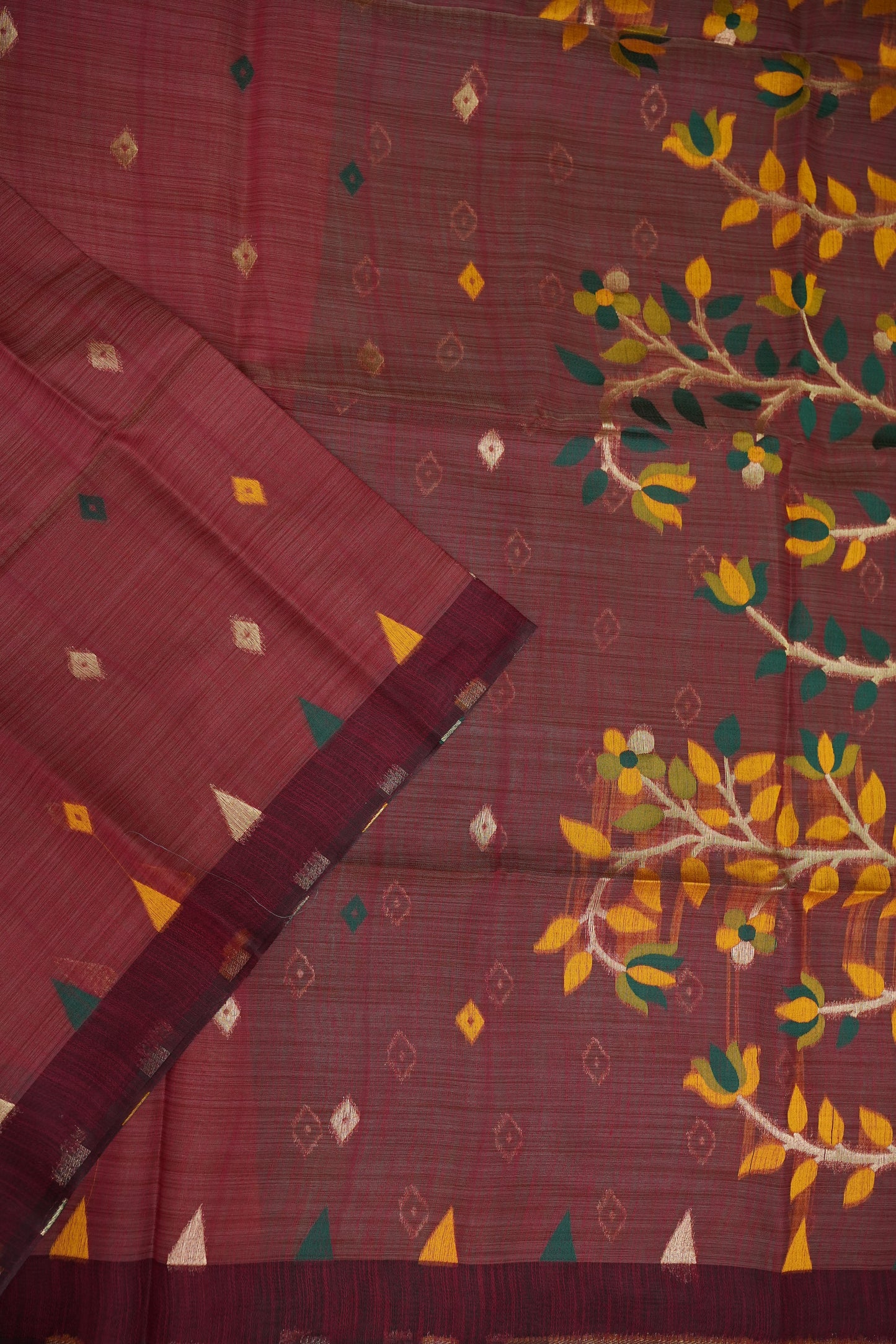 Khaddi Cotton Saree with Jamdani Pallu – Rust Maroon & Bottle Green