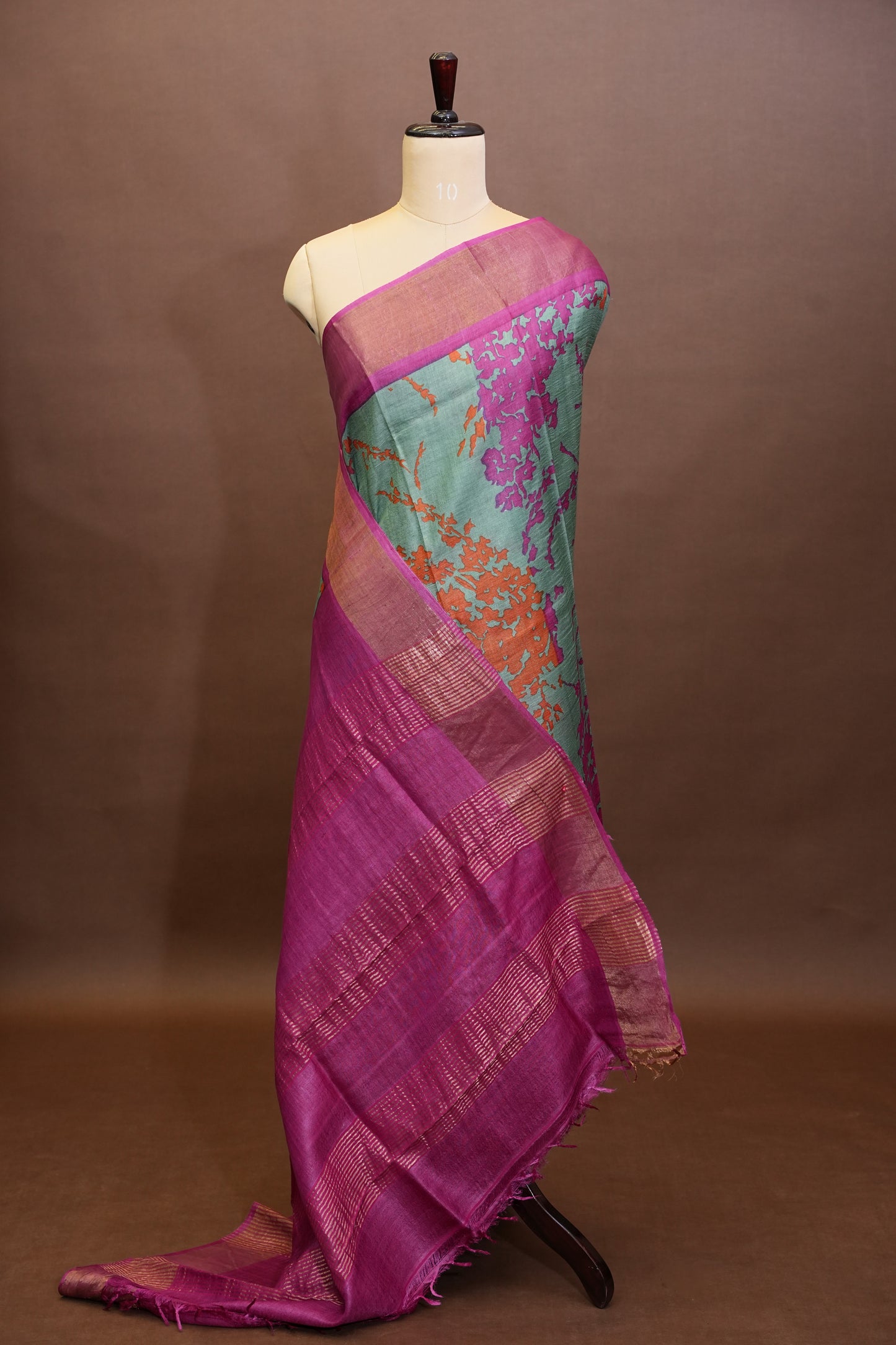 Floral Printed Pure Tussar Silk Saree - Teal Green | Silk Mark Certified