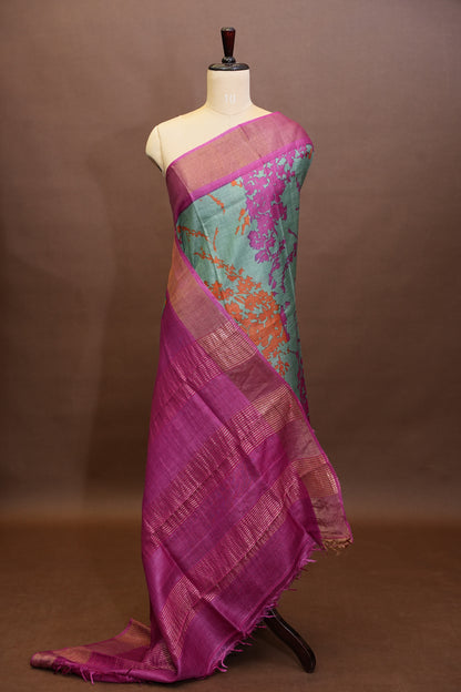 Floral Printed Pure Tussar Silk Saree - Teal Green | Silk Mark Certified