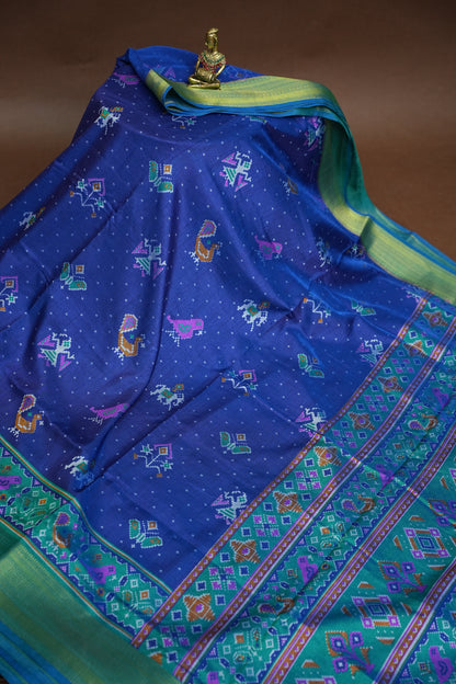 Royal Blue Semi Silk Saree with Traditional Ikat-Inspired Woven Motifs & Designer Pallu
