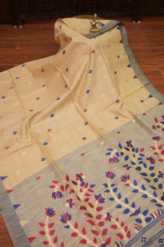 Khaddi Cotton Saree with Jamdani Pallu – Beige & Royal Blue