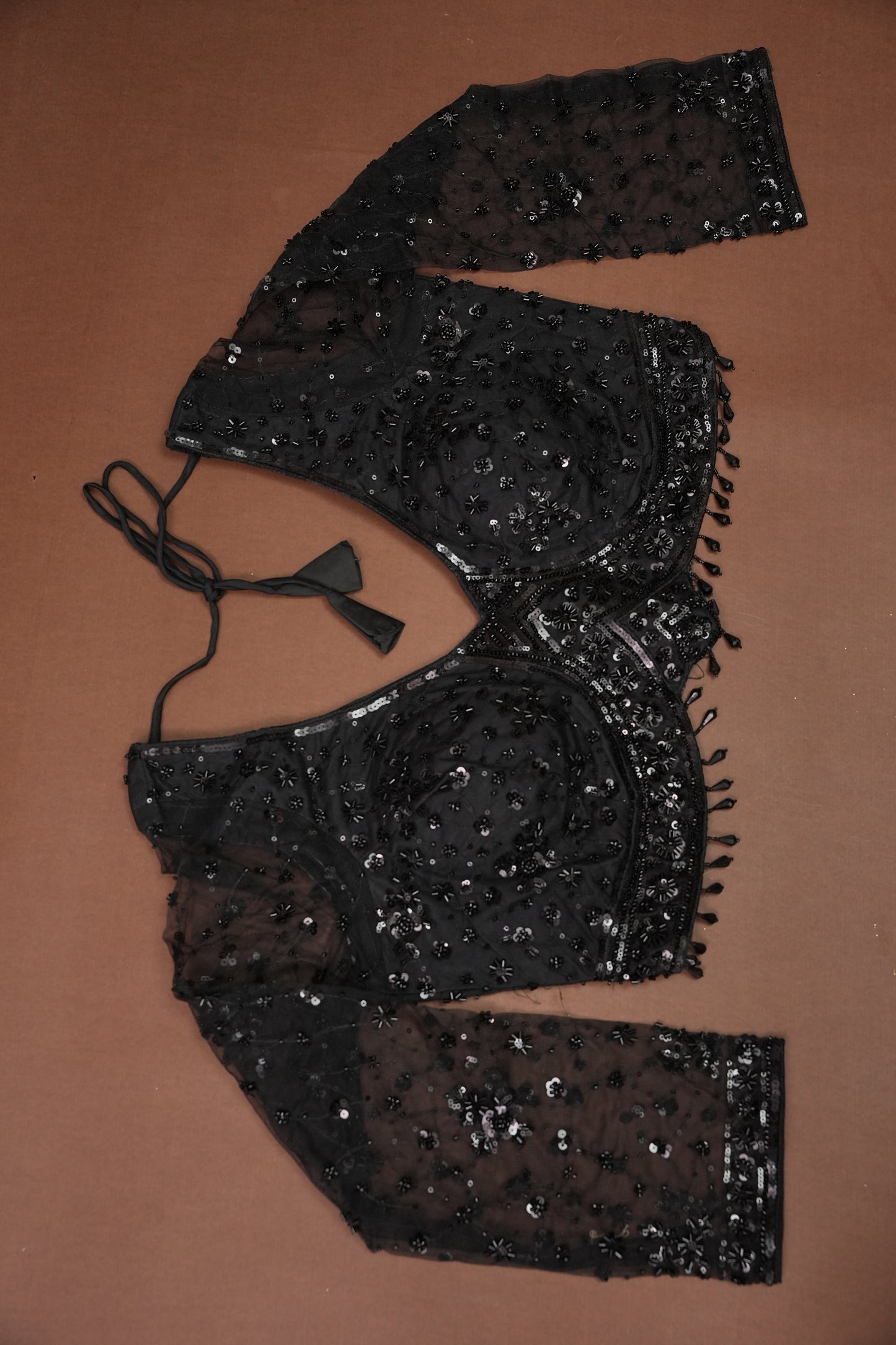 Party Wear Net Saree with Sequins & Ready to wear blouse - Black