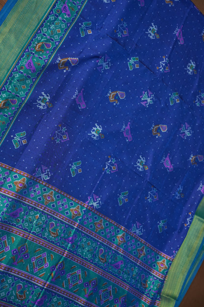 Royal Blue Semi Silk Saree with Traditional Ikat-Inspired Woven Motifs & Designer Pallu