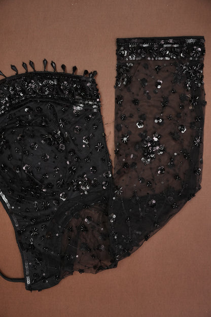 Party Wear Net Saree with Sequins & Ready to wear blouse - Black