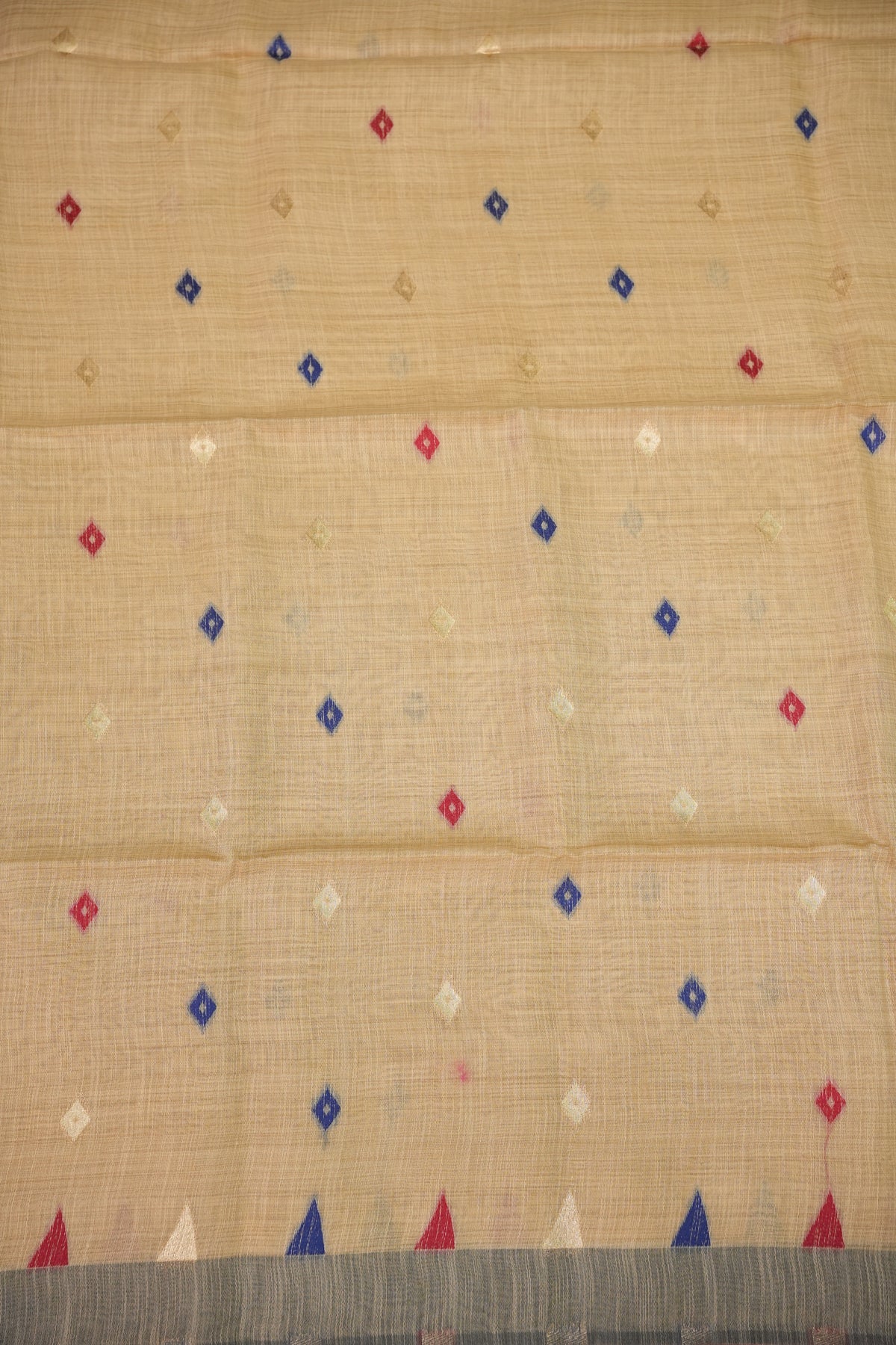 Khaddi Cotton Saree with Jamdani Pallu – Beige & Royal Blue