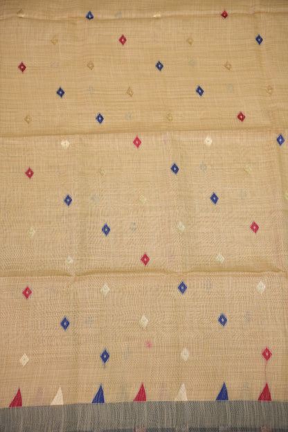 Khaddi Cotton Saree with Jamdani Pallu – Beige & Royal Blue
