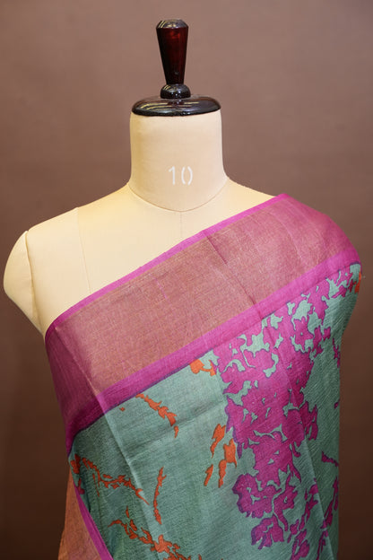 Floral Printed Pure Tussar Silk Saree - Teal Green | Silk Mark Certified