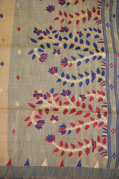 Khaddi Cotton Saree with Jamdani Pallu – Beige & Royal Blue