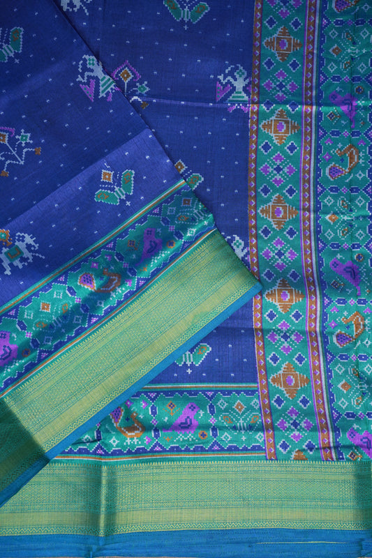Royal Blue Semi Silk Saree with Traditional Ikat-Inspired Woven Motifs & Designer Pallu