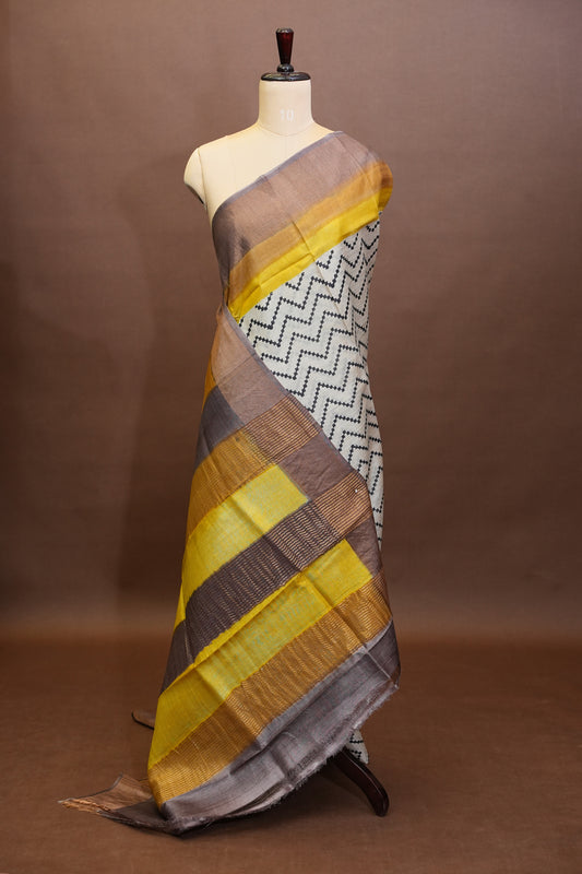 Geometric Patterned Pure Tussar Silk Saree - Lemon Yellow & Black