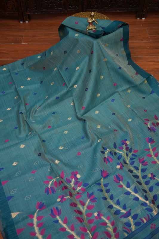 Khaddi Cotton Saree with Jamdani Pallu – Teal Blue