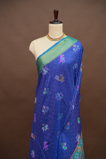 Royal Blue Semi Silk Saree with Traditional Ikat-Inspired Woven Motifs & Designer Pallu