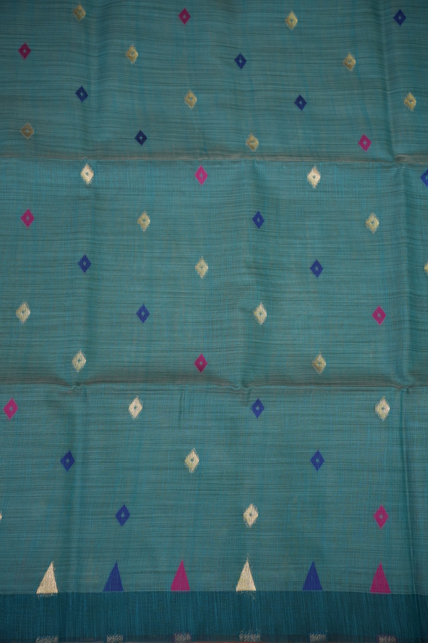 Khaddi Cotton Saree with Jamdani Pallu – Teal Blue